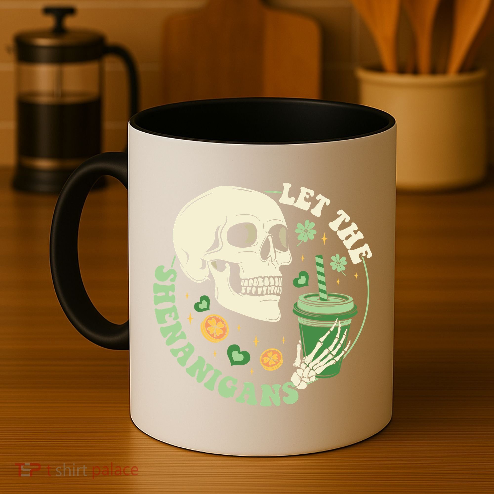 Retro Let The Shenanigans Skull Drinking Coffee St Patrick Day Coffee Mug