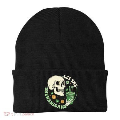 Retro Let The Shenanigans Skull Drinking Coffee St Patrick Day Beanie