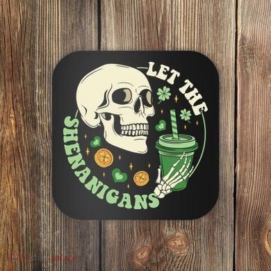 Retro Let The Shenanigans Skull Drinking Coffee St Patrick Day Coaster