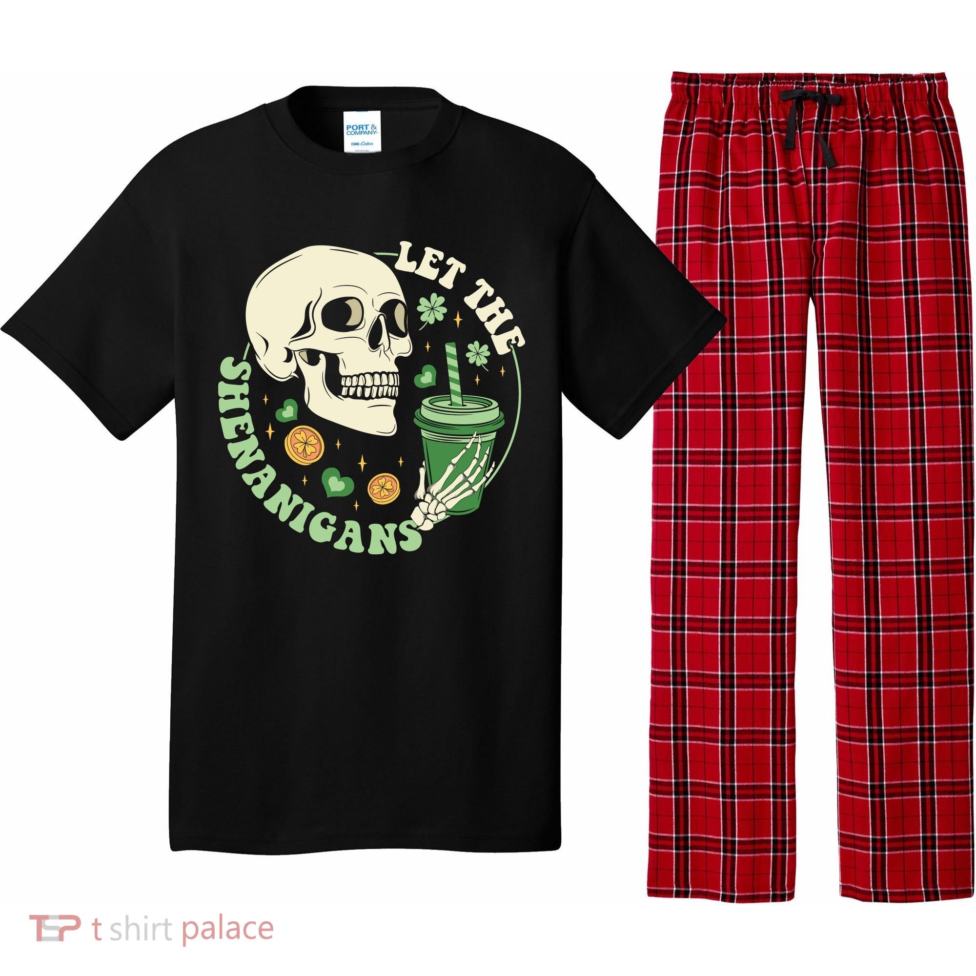 Retro Let The Shenanigans Skull Drinking Coffee St Patrick Day Pajama Set
