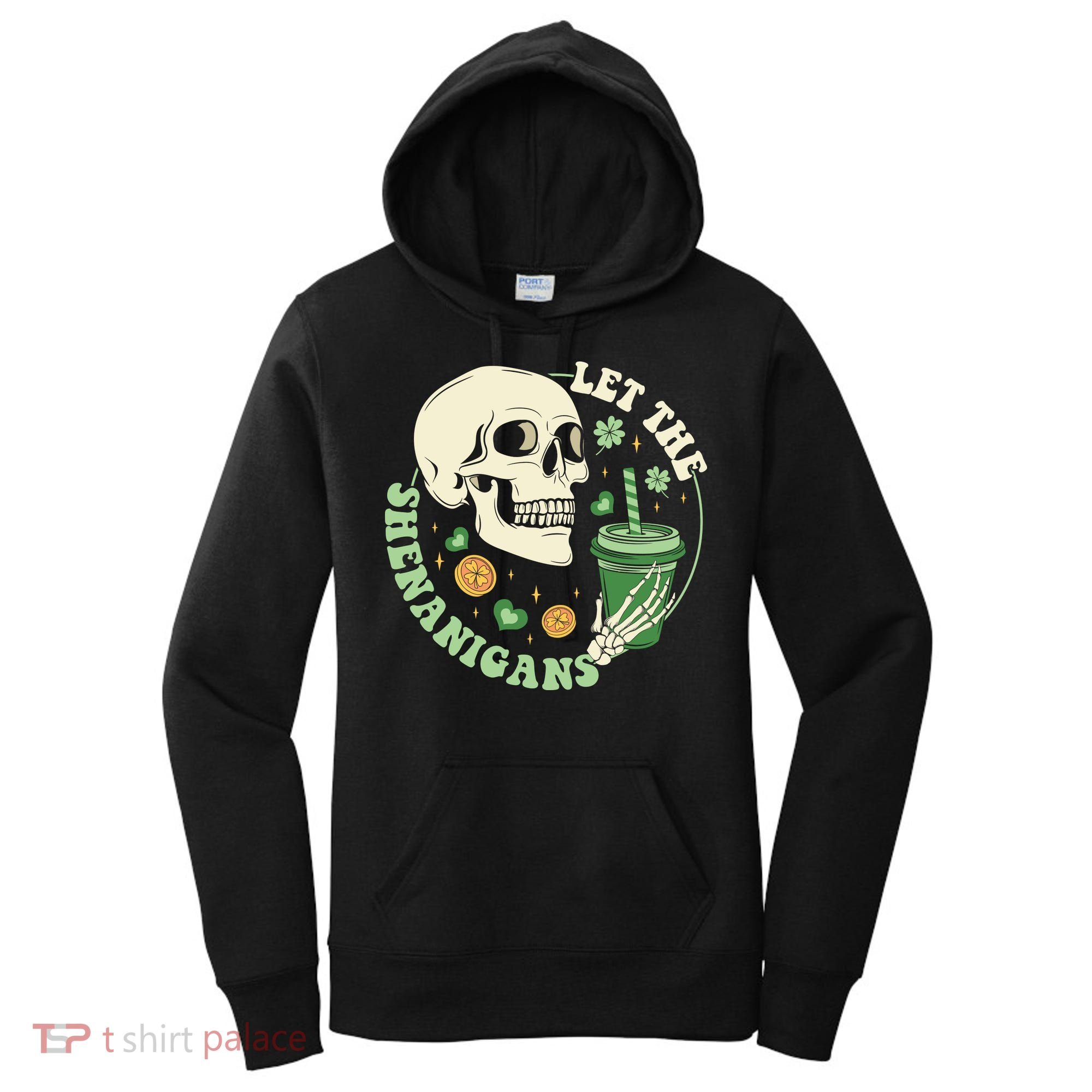 Retro Let The Shenanigans Skull Drinking Coffee St Patrick Day Women's Hoodie