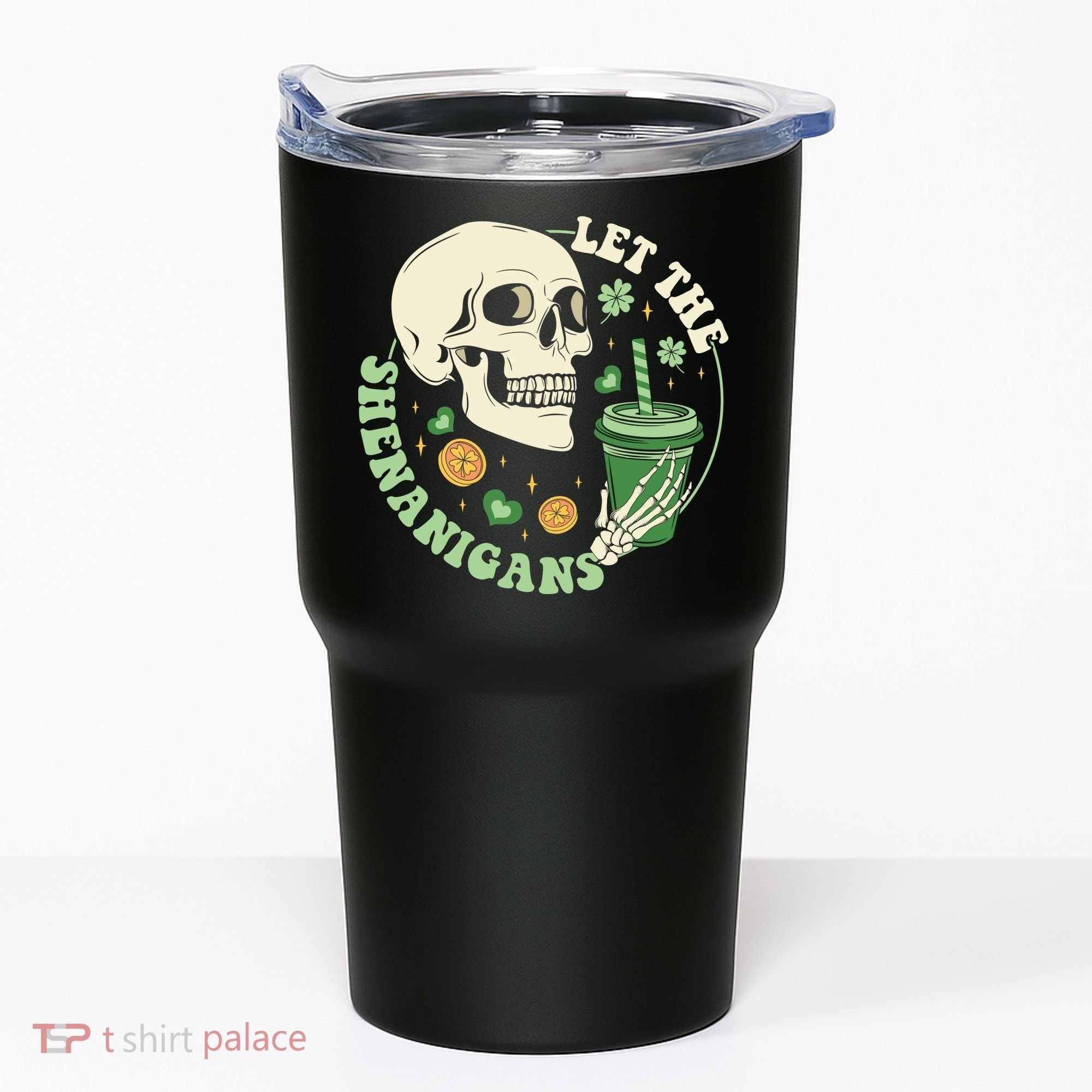 Retro Let The Shenanigans Skull Drinking Coffee St Patrick Day Tumbler
