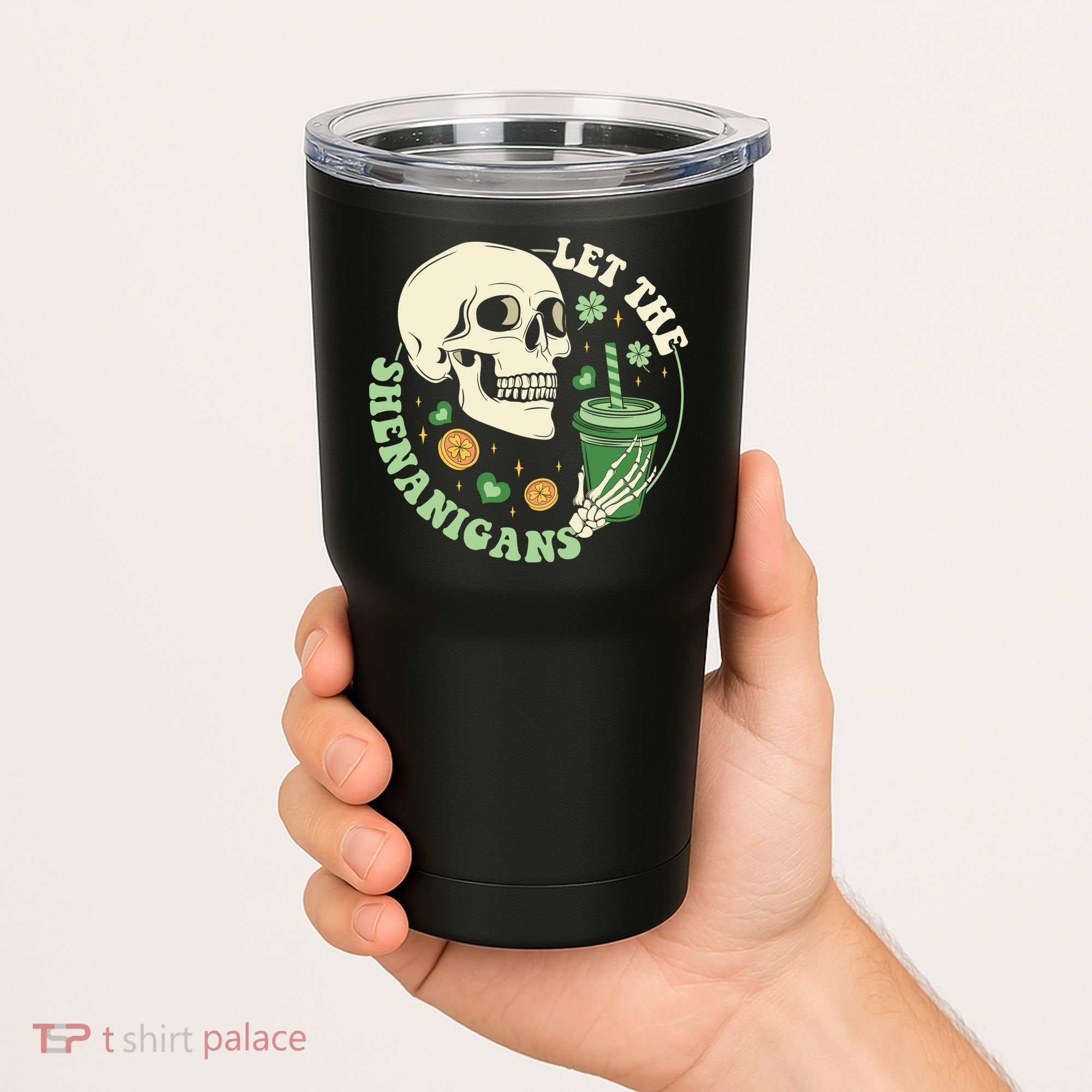Retro Let The Shenanigans Skull Drinking Coffee St Patrick Day Tumbler