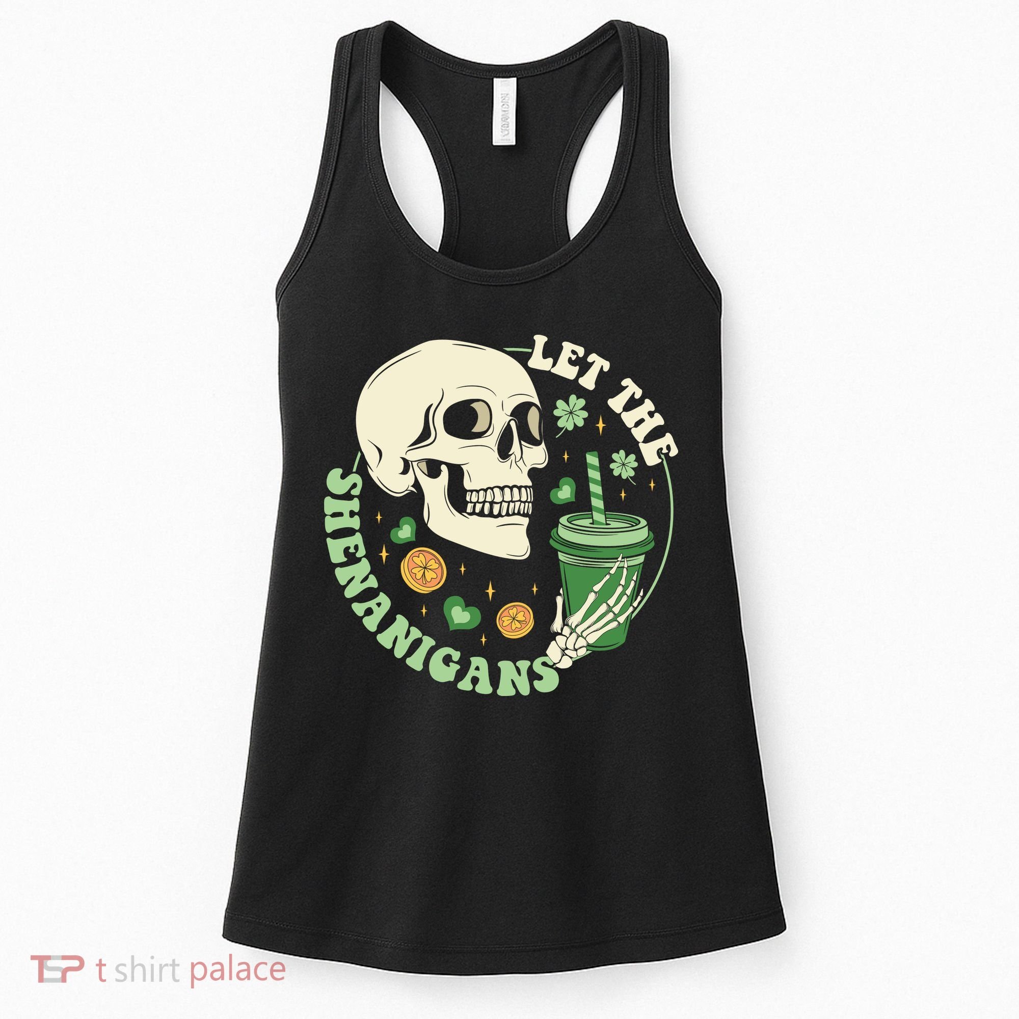 Retro Let The Shenanigans Skull Drinking Coffee St Patrick Day Women's Tank Top