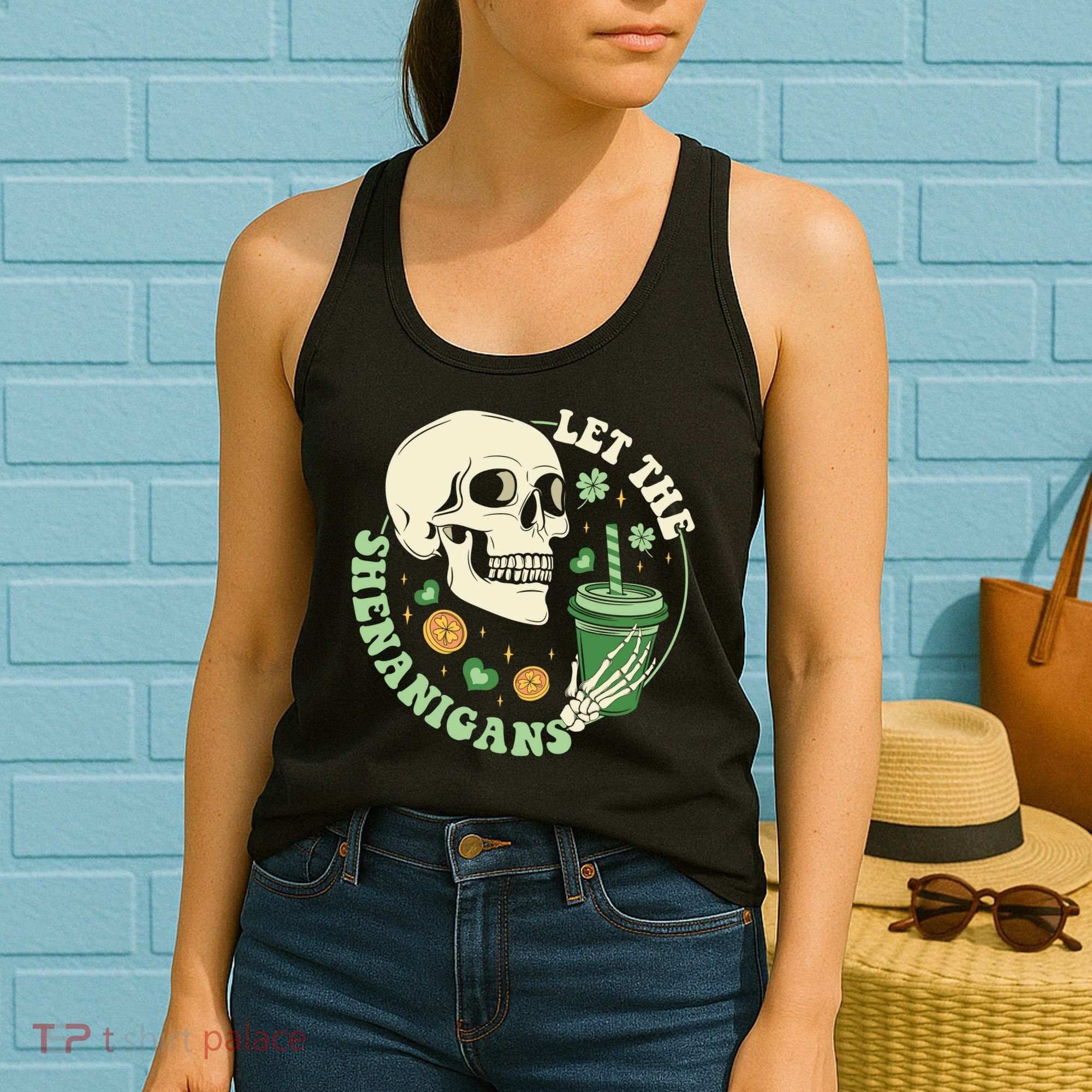 Retro Let The Shenanigans Skull Drinking Coffee St Patrick Day Women's Tank Top