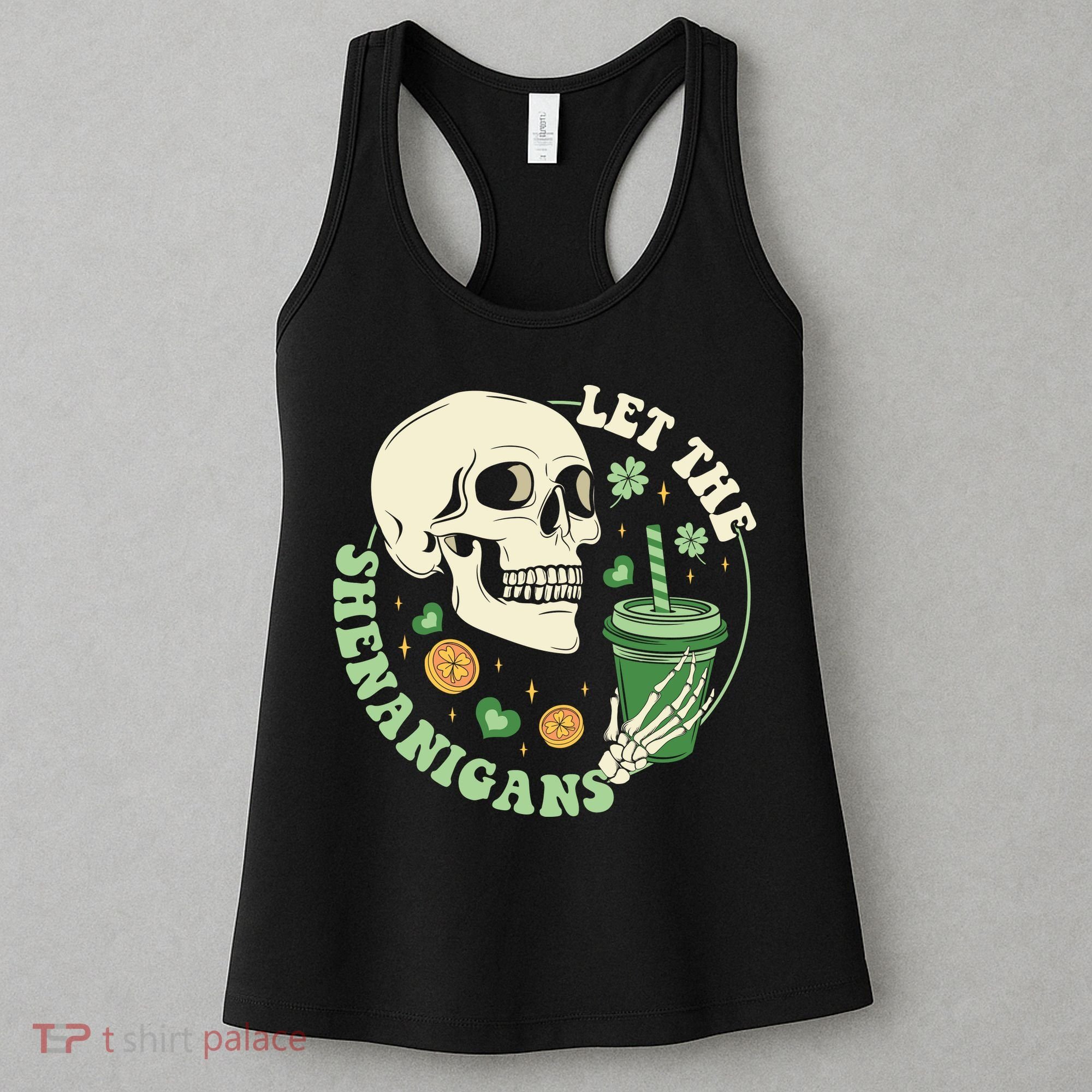 Retro Let The Shenanigans Skull Drinking Coffee St Patrick Day Women's Tank Top