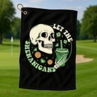 Retro Let The Shenanigans Skull Drinking Coffee St Patrick Day Golf Towel thumb 1