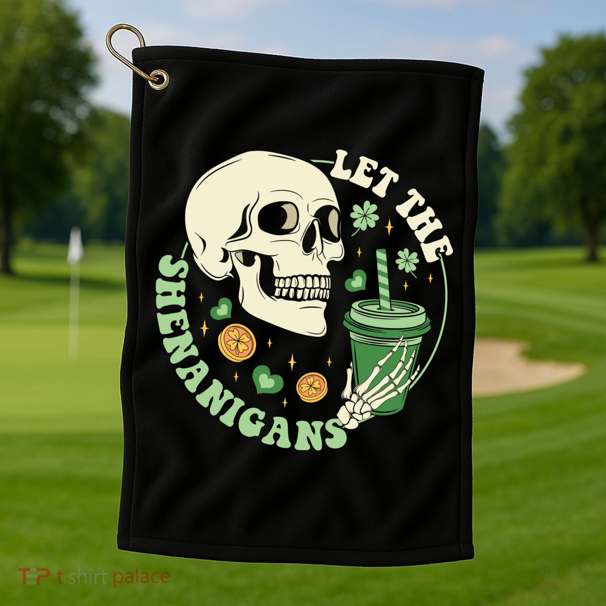 Retro Let The Shenanigans Skull Drinking Coffee St Patrick Day Golf Towel
