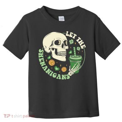 Retro Let The Shenanigans Skull Drinking Coffee St Patrick Day Toddler T-Shirt