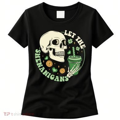 Retro Let The Shenanigans Skull Drinking Coffee St Patrick Day Women's T-Shirt