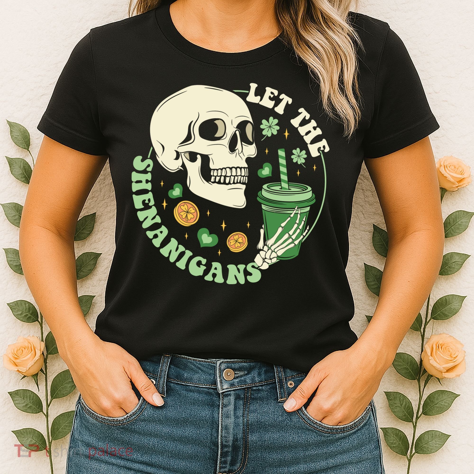 Retro Let The Shenanigans Skull Drinking Coffee St Patrick Day Women's T-Shirt