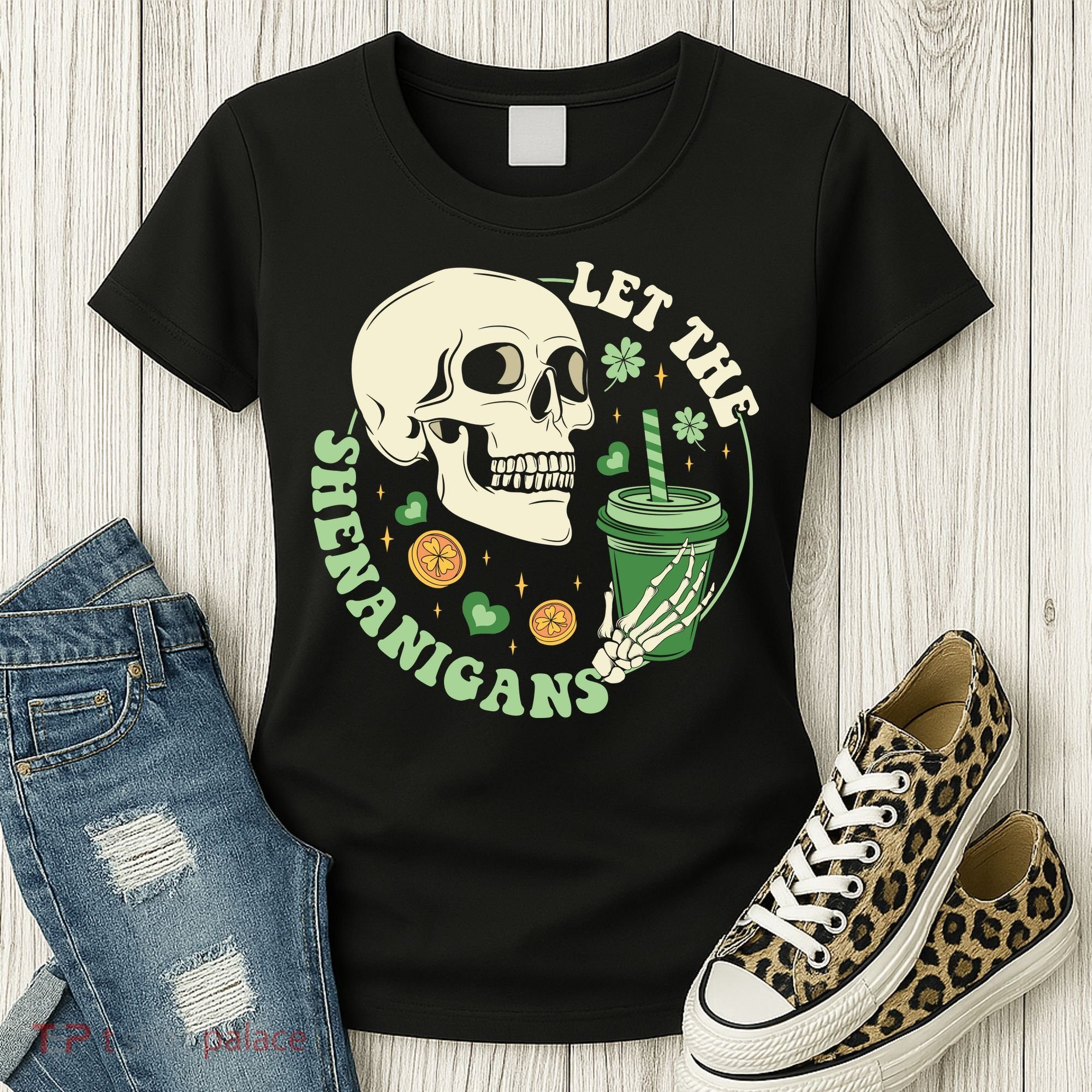 Retro Let The Shenanigans Skull Drinking Coffee St Patrick Day Women's T-Shirt