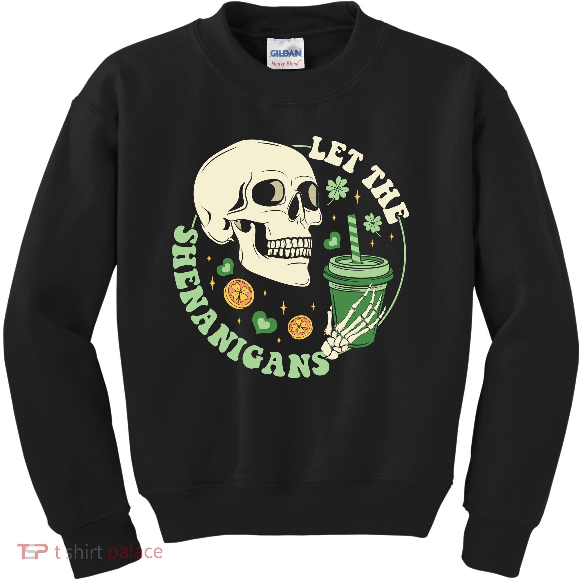 Retro Let The Shenanigans Skull Drinking Coffee St Patrick Day Kids Sweatshirt