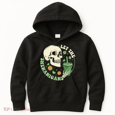 Retro Let The Shenanigans Skull Drinking Coffee St Patrick Day Kids Hoodie