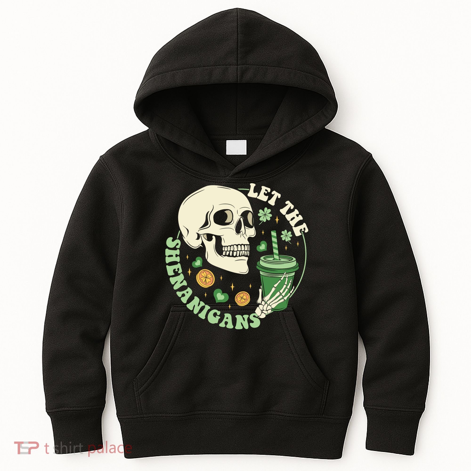 Retro Let The Shenanigans Skull Drinking Coffee St Patrick Day Kids Hoodie