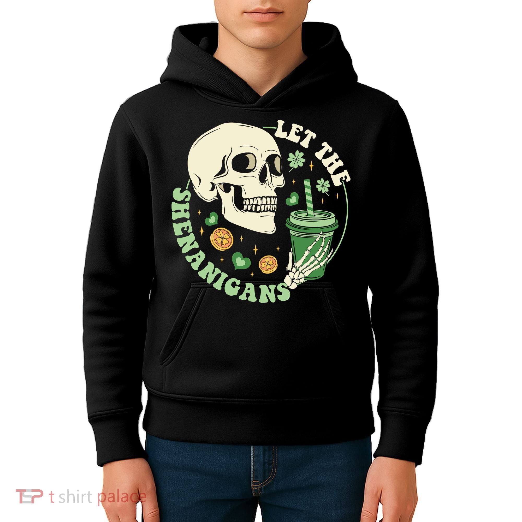 Retro Let The Shenanigans Skull Drinking Coffee St Patrick Day Kids Hoodie