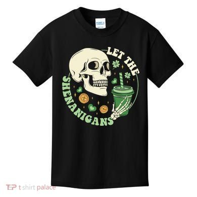 Retro Let The Shenanigans Skull Drinking Coffee St Patrick Day Kids T-Shirt
