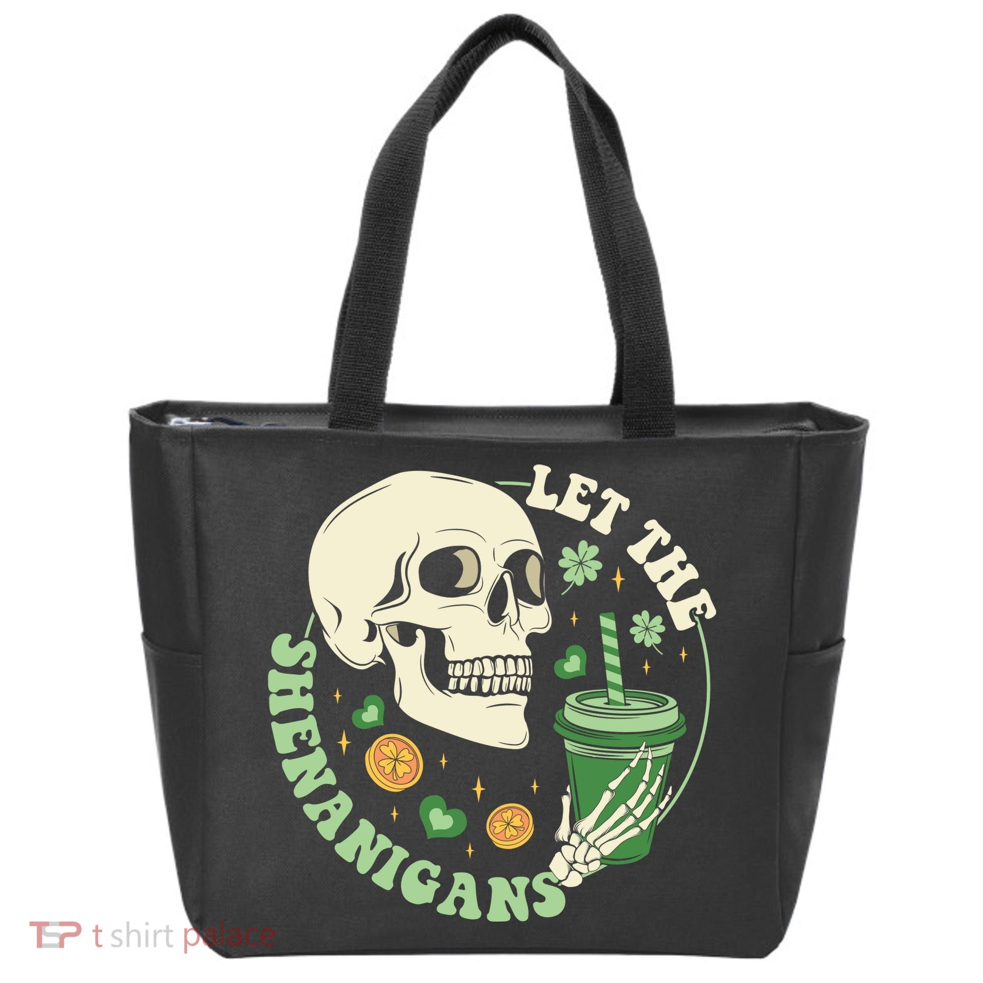 Retro Let The Shenanigans Skull Drinking Coffee St Patrick Day Tote Bag