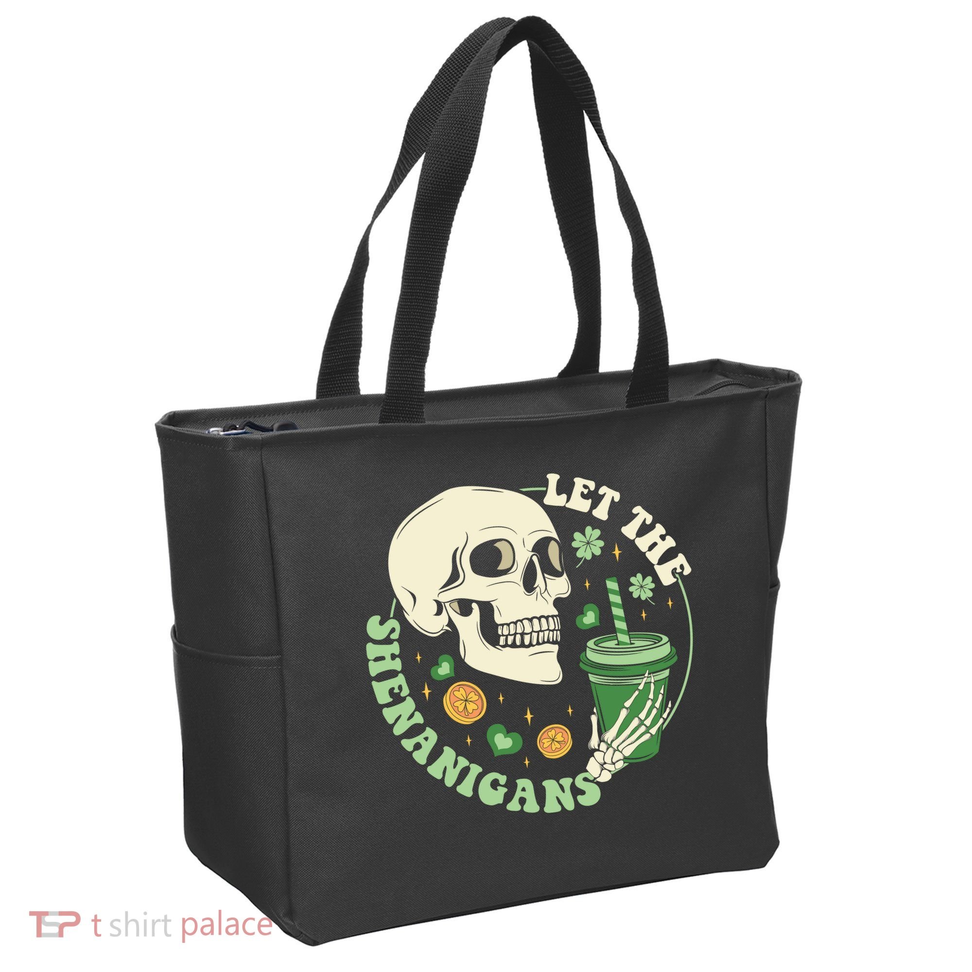 Retro Let The Shenanigans Skull Drinking Coffee St Patrick Day Tote Bag