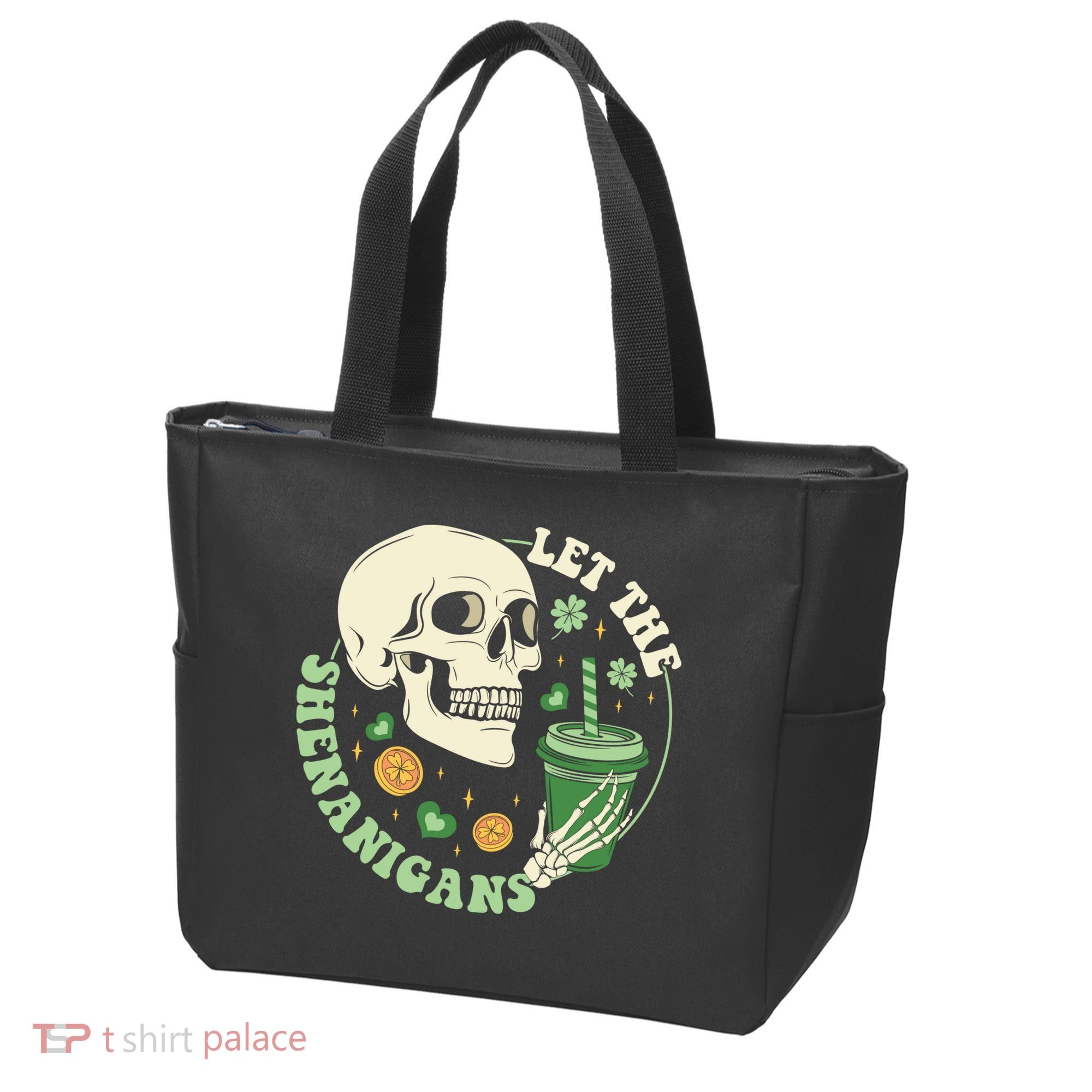 Retro Let The Shenanigans Skull Drinking Coffee St Patrick Day Tote Bag