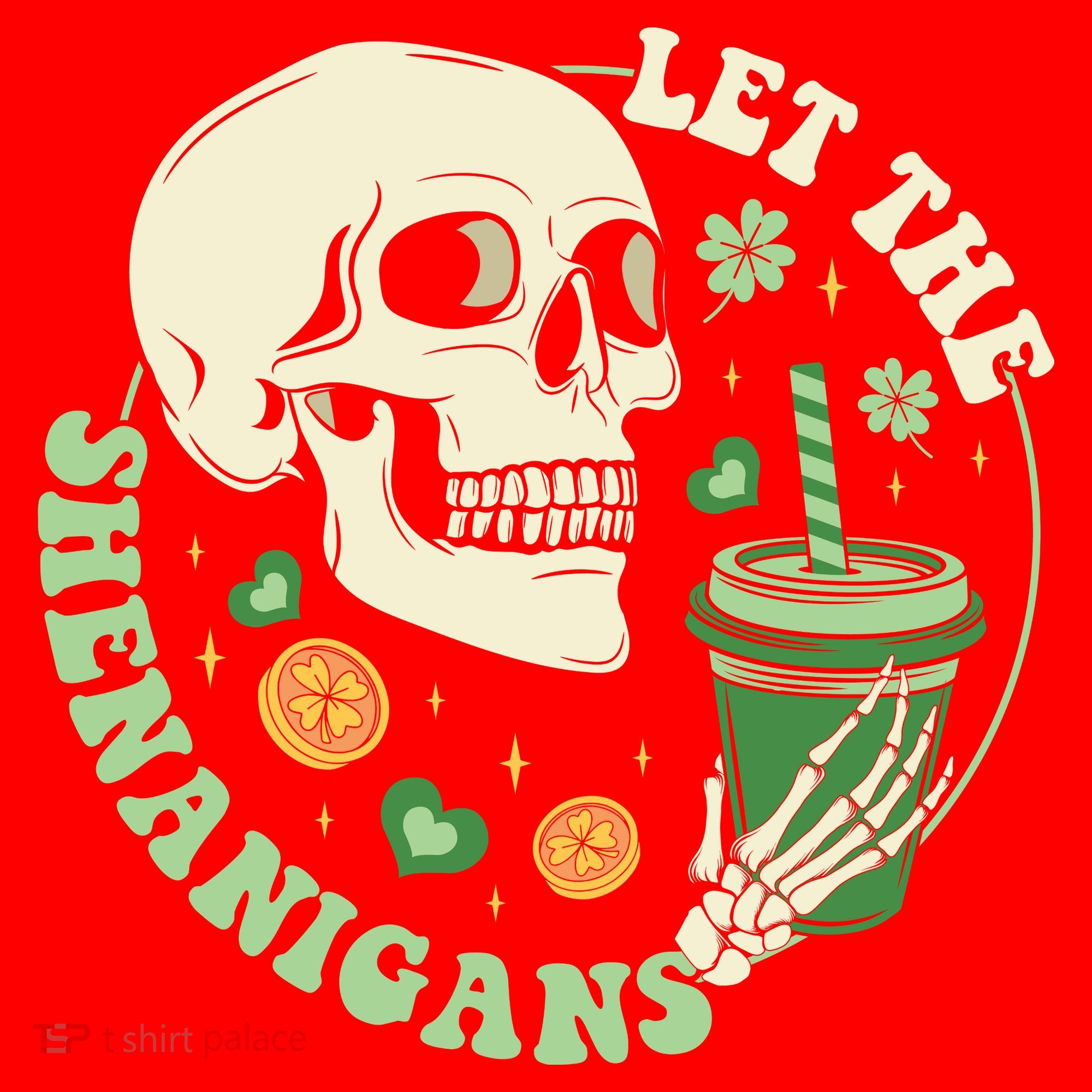 Retro Let The Shenanigans Skull Drinking Coffee St Patrick Day Santa Hat