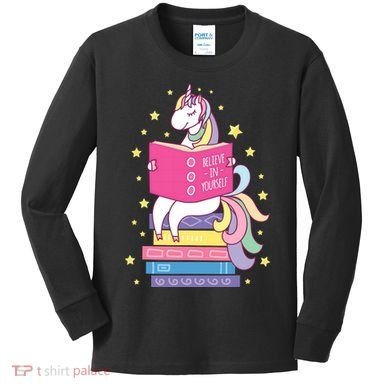 Reading Library Unicorn Read Books Lover Reader Gift Kids Long Sleeve Shirt