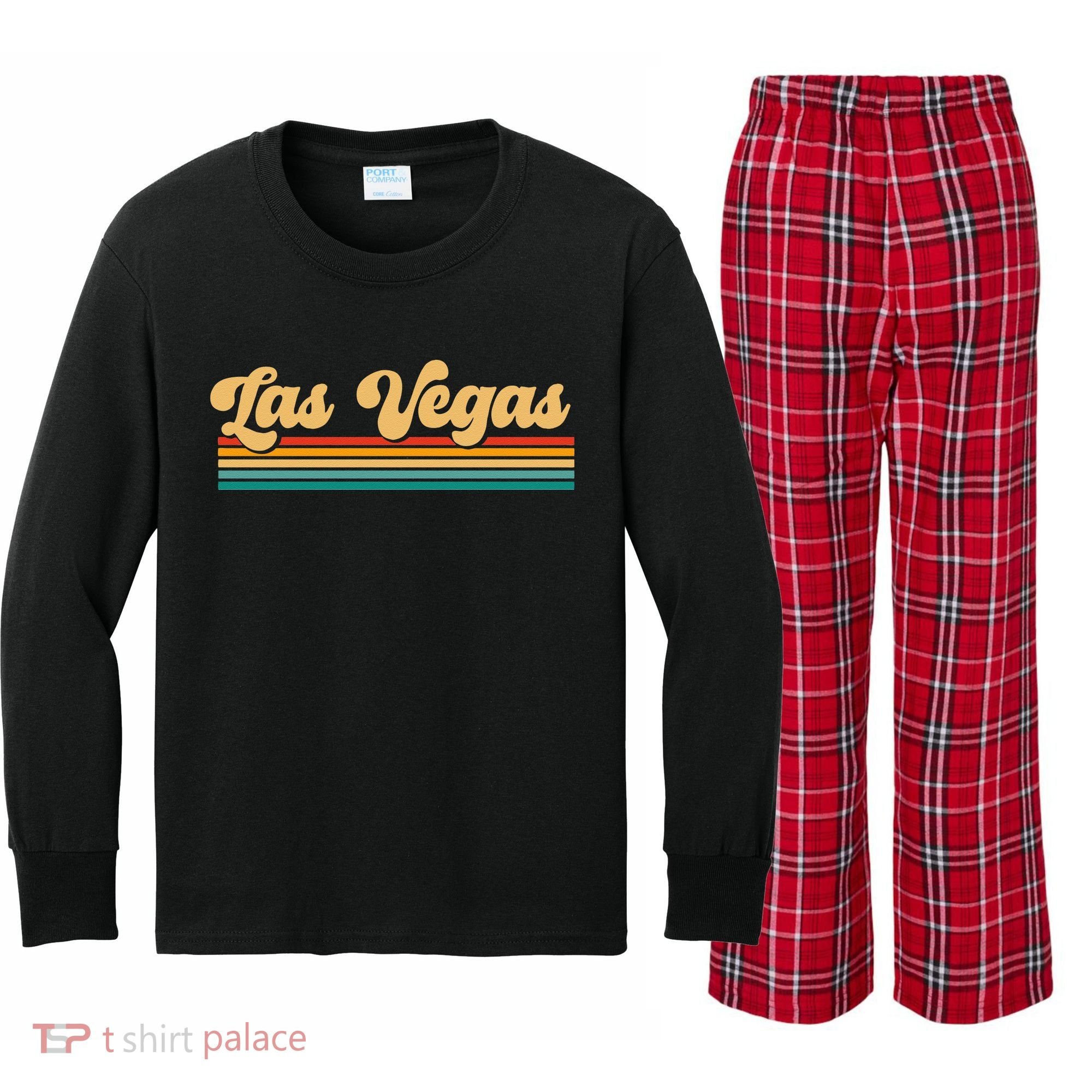 Retro Las Vegas Kids Long Sleeve Plaid Pajama Set