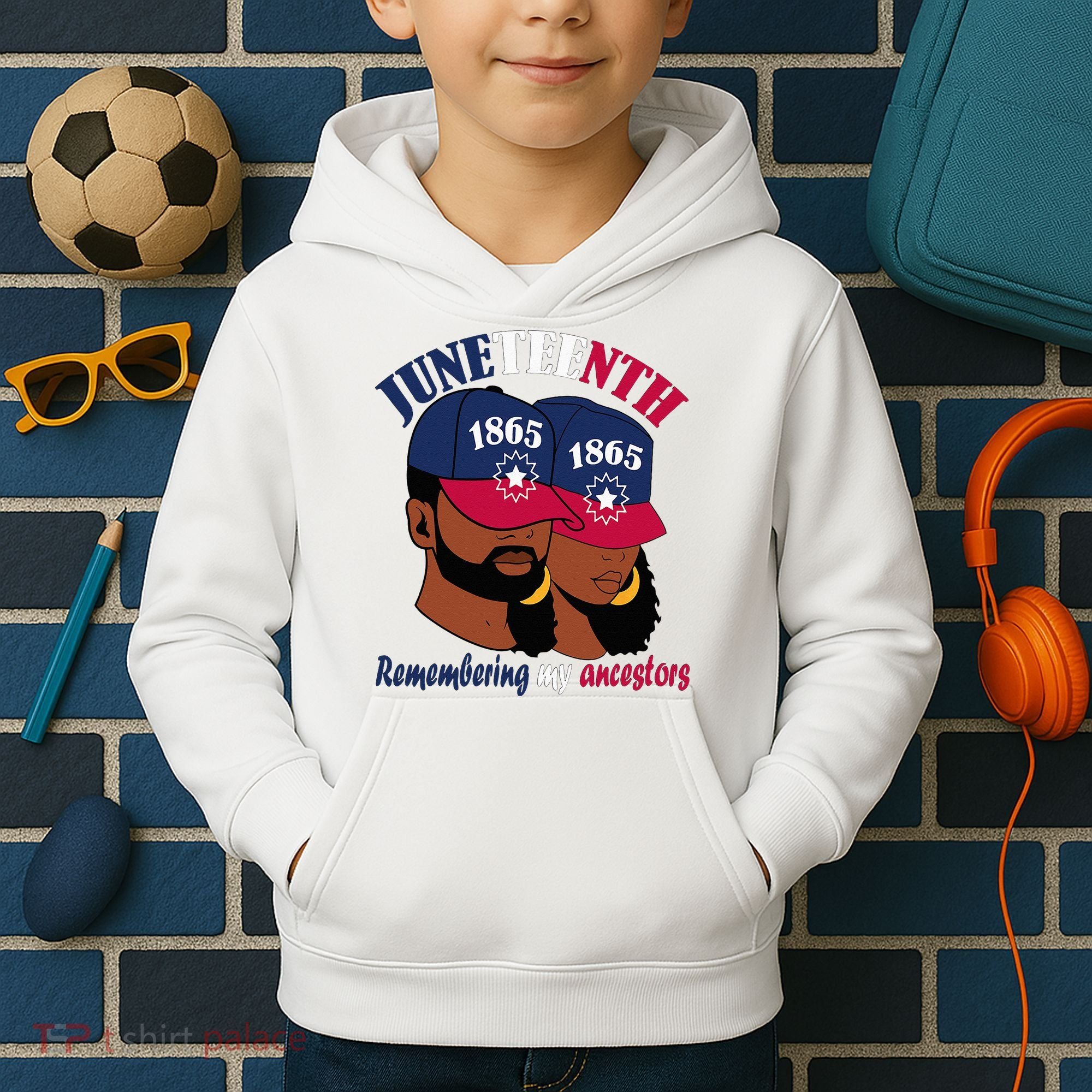 Remembering My Ancestors Juneteenth flag blue red white Kids Hoodie