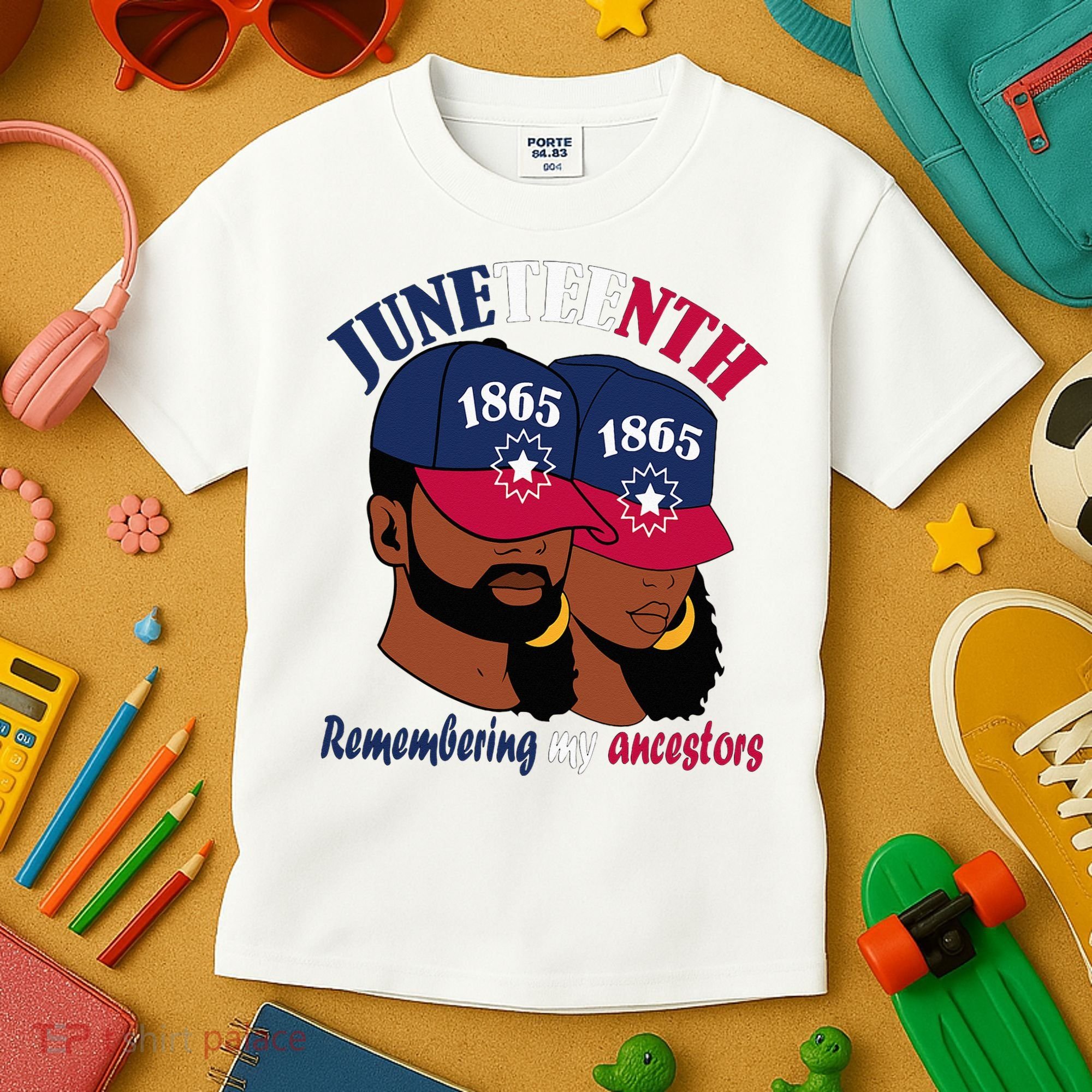 Remembering My Ancestors Juneteenth flag blue red white Kids T-Shirt