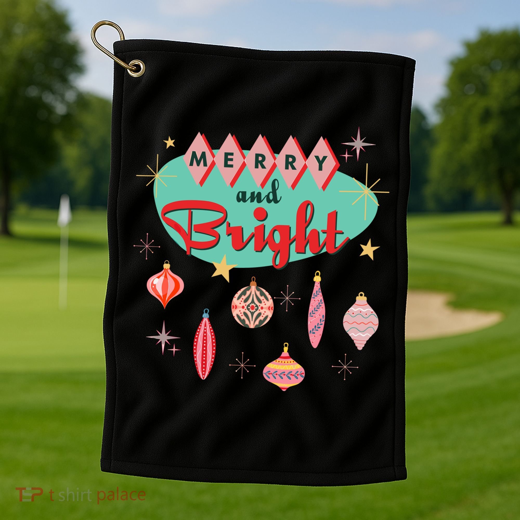 Retro Merry And Bright Midcentury Modern Christmas Ornament Golf Towel