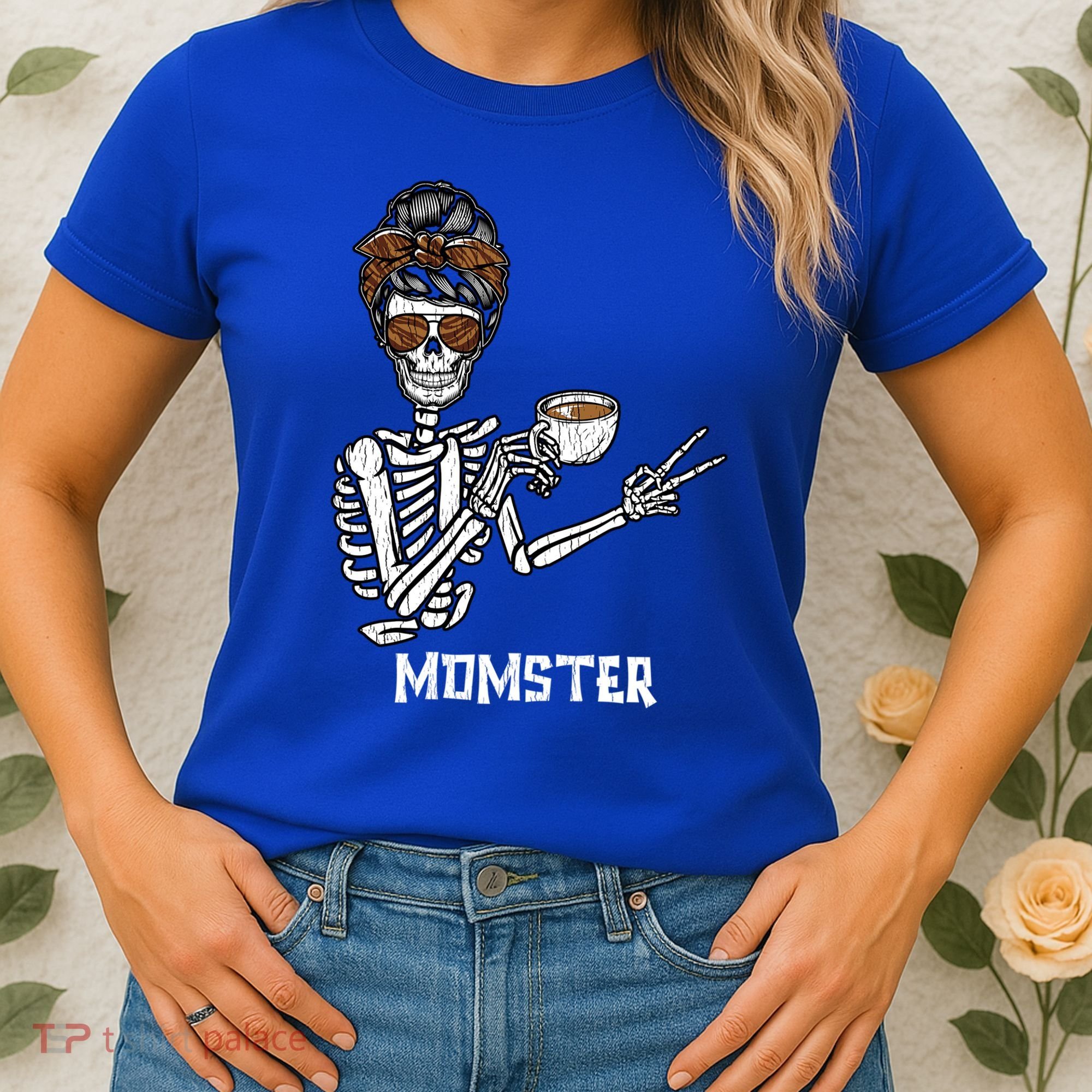 Retro Messy Bun Skeleton Ing Coffee Momster Mama Mom Great Gift Women's T-Shirt