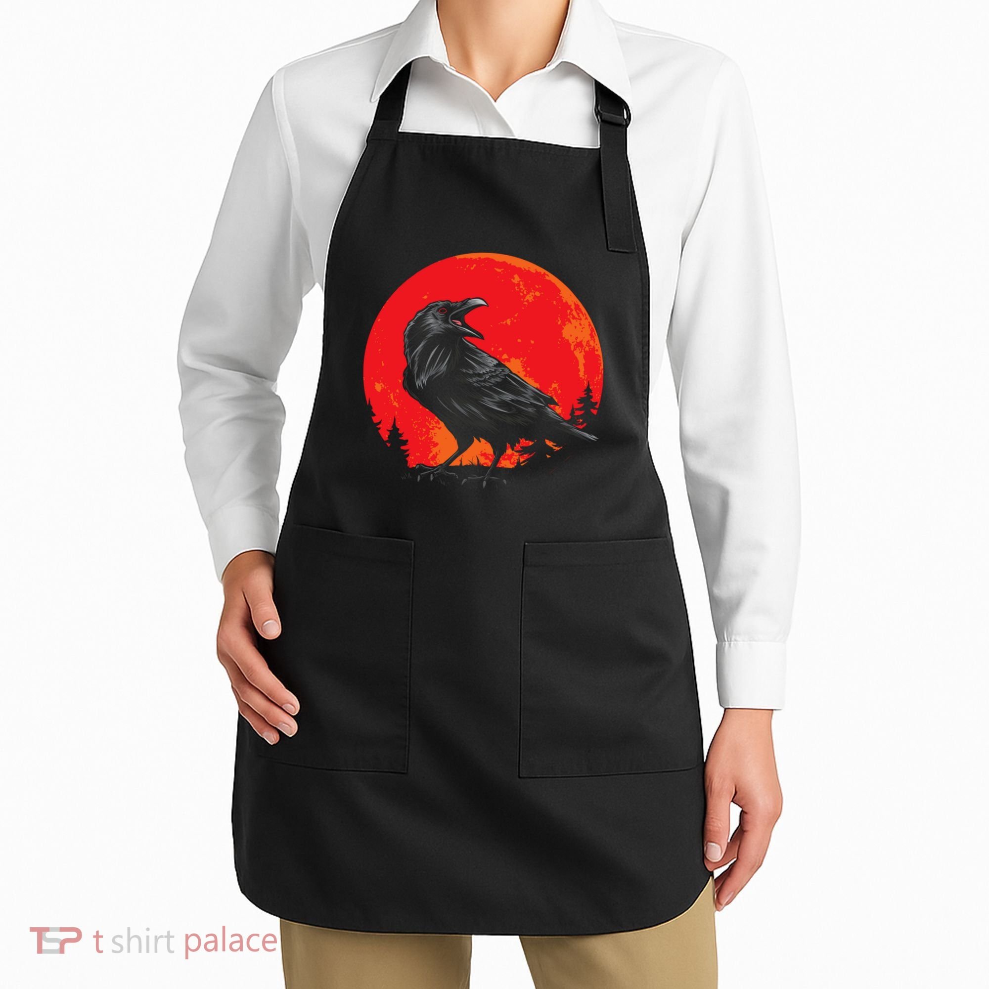 Red Moon Black Crow Gothic Animal Bird Spooky Forest Raven Apron