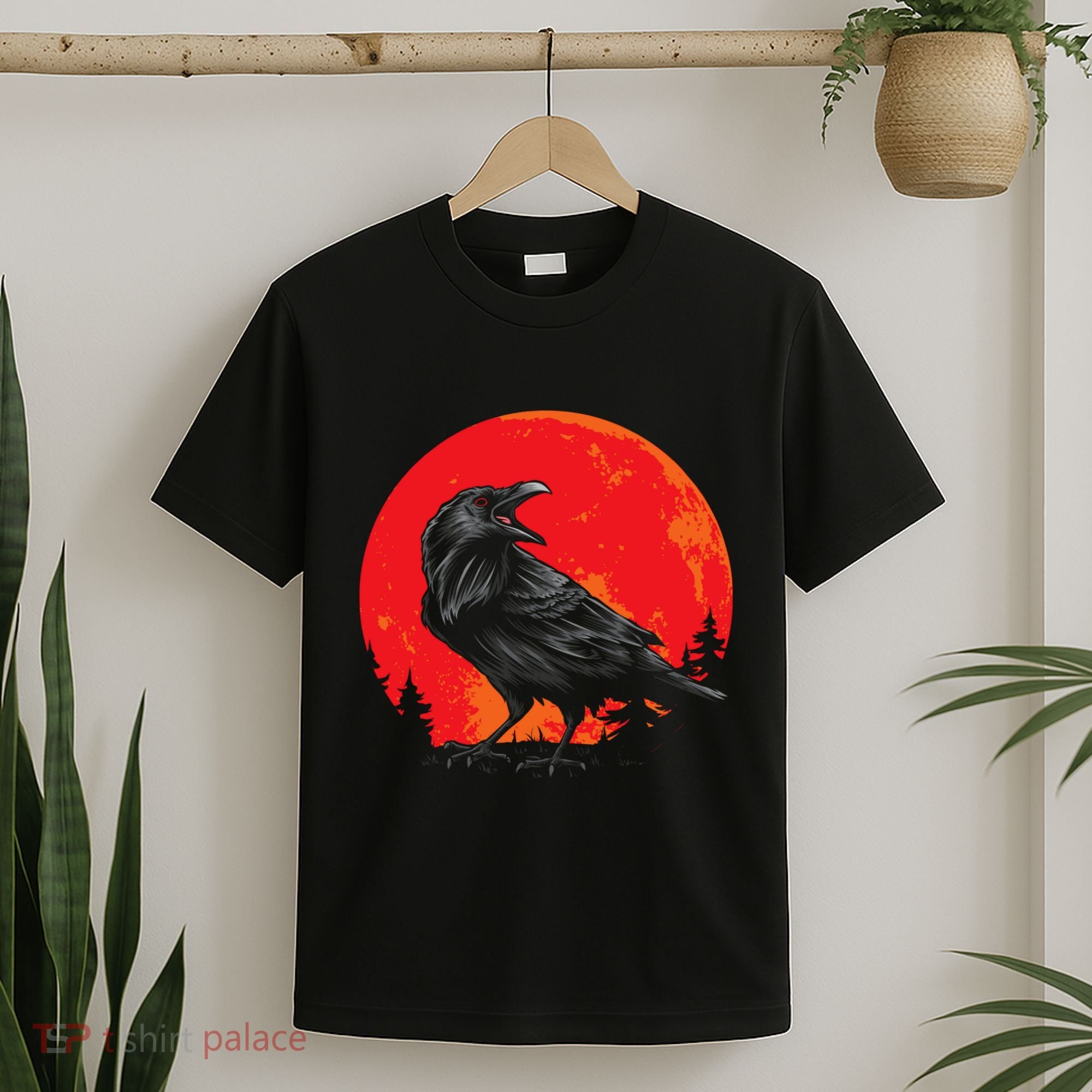 Red Moon Black Crow Gothic Animal Bird Spooky Forest Raven T-Shirt