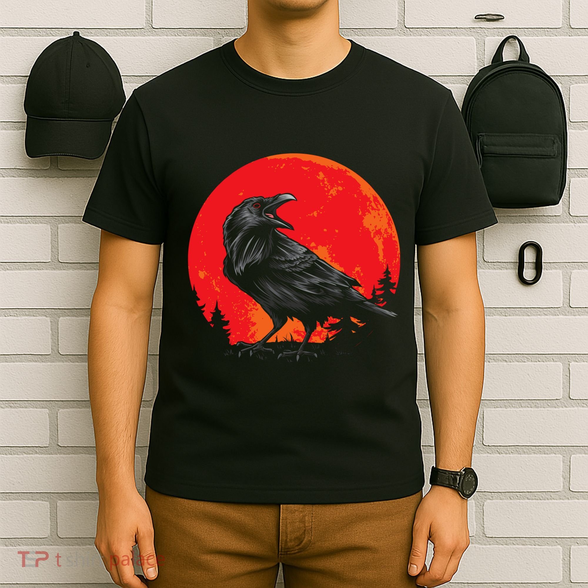 Red Moon Black Crow Gothic Animal Bird Spooky Forest Raven T-Shirt