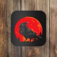 Red Moon Black Crow Gothic Animal Bird Spooky Forest Raven Coaster thumb 0