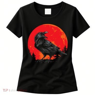 Red Moon Black Crow Gothic Animal Bird Spooky Forest Raven Women's T-Shirt