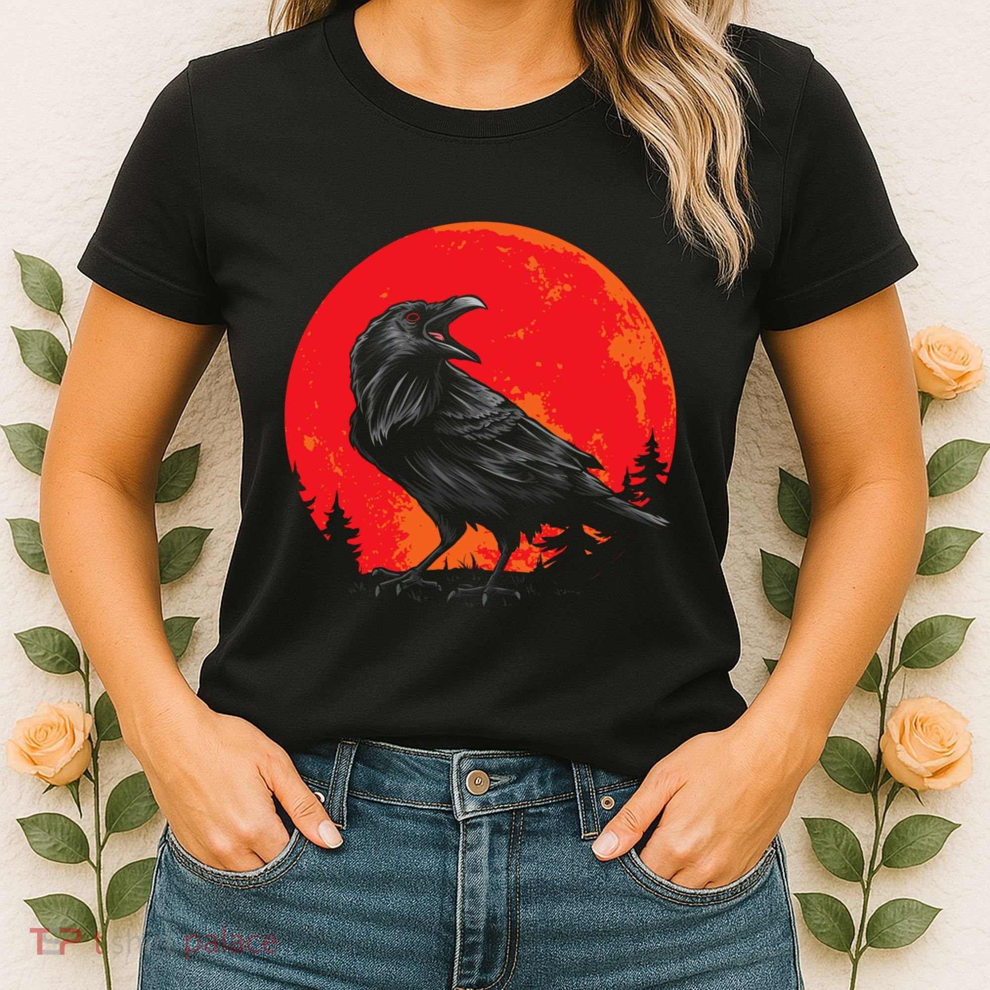Red Moon Black Crow Gothic Animal Bird Spooky Forest Raven Women's T-Shirt