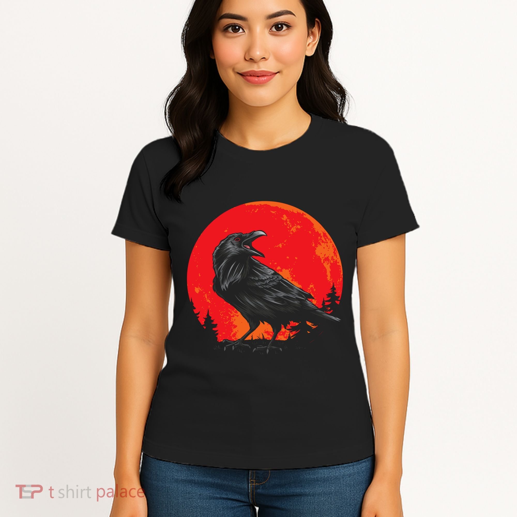 Red Moon Black Crow Gothic Animal Bird Spooky Forest Raven Women's T-Shirt