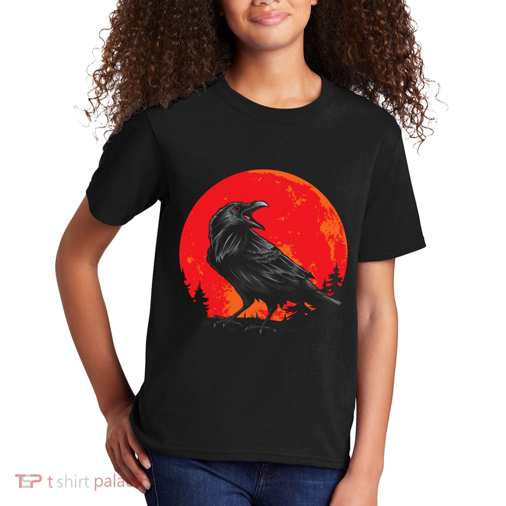 Red Moon Black Crow Gothic Animal Bird Spooky Forest Raven Kids T-Shirt