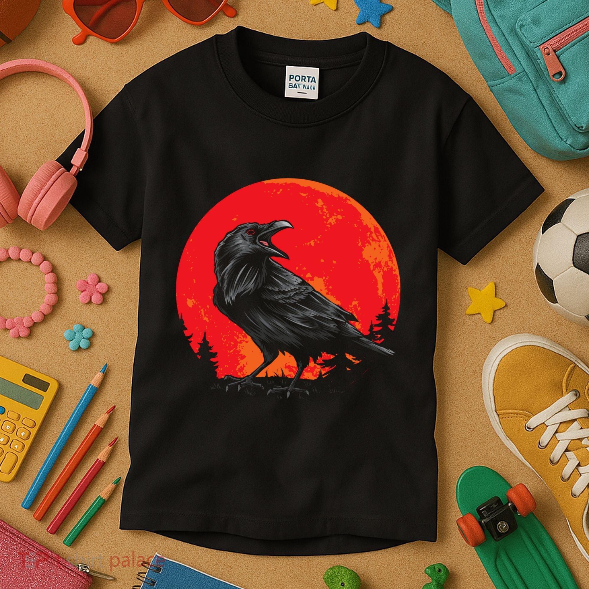 Red Moon Black Crow Gothic Animal Bird Spooky Forest Raven Kids T-Shirt