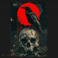 Red Moon Black Gothic Raven Skull Graphic Black Crow Bucket Hat thumb 4