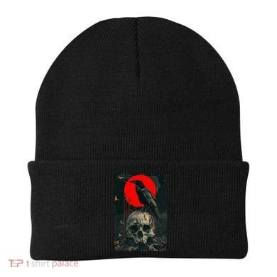 Red Moon Black Gothic Raven Skull Graphic Black Crow Beanie