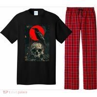 Red Moon Black Gothic Raven Skull Graphic Black Crow Pajama Set thumb 0