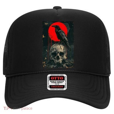 Red Moon Black Gothic Raven Skull Graphic Black Crow Hat
