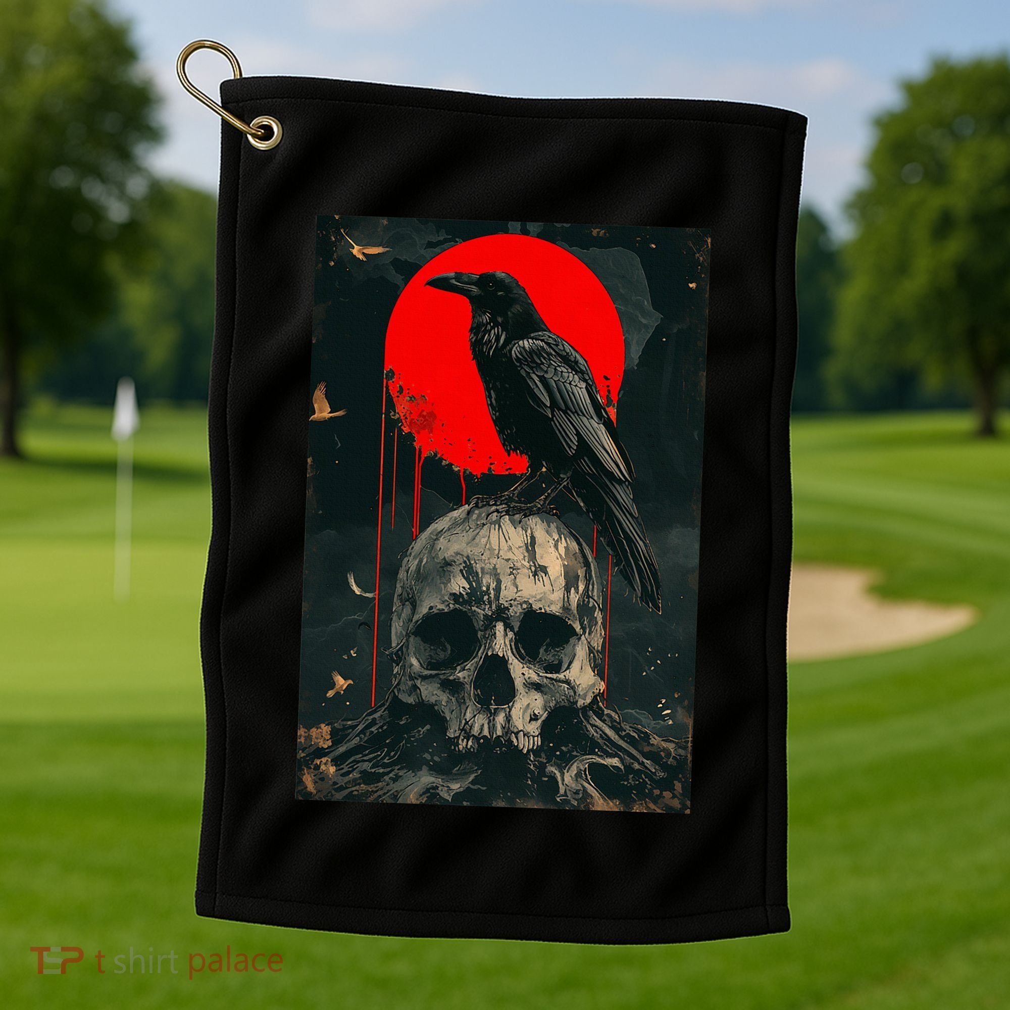 Red Moon Black Gothic Raven Skull Graphic Black Crow Golf Towel