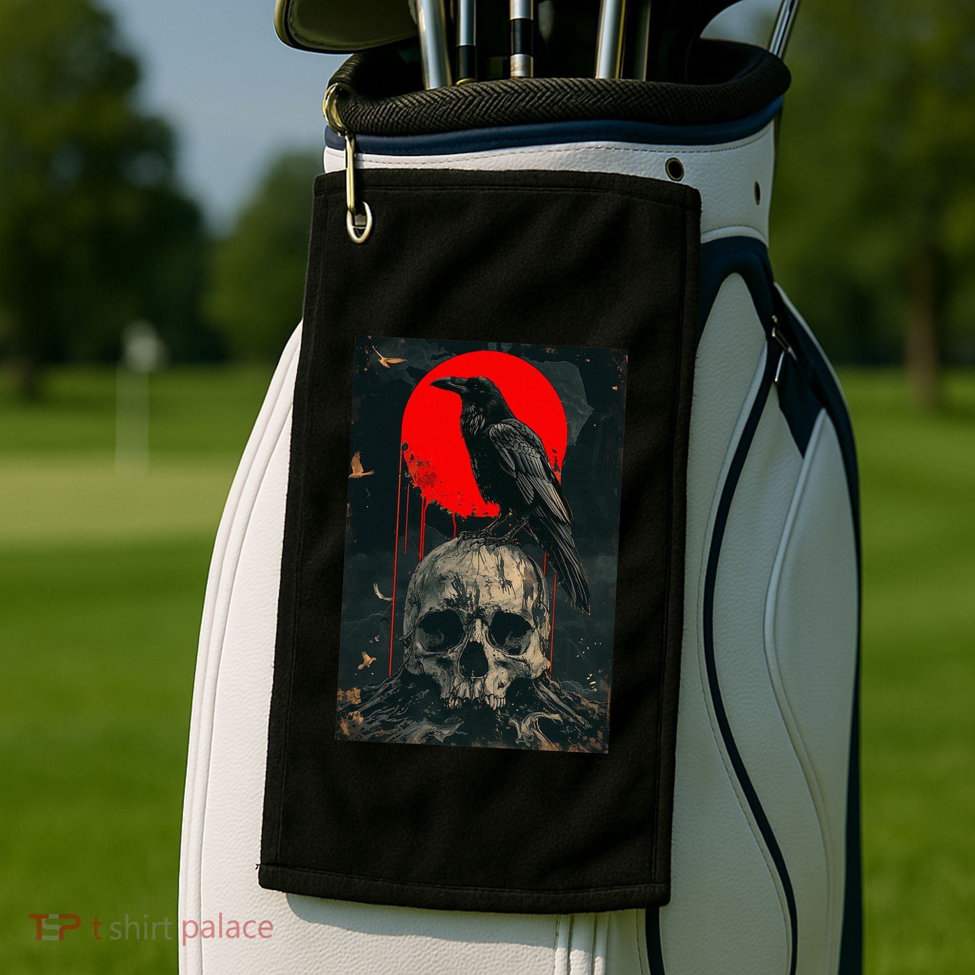 Red Moon Black Gothic Raven Skull Graphic Black Crow Golf Towel