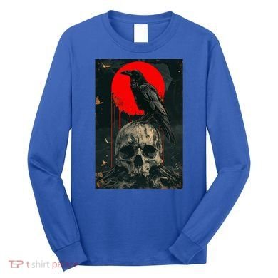 Red Moon Black Gothic Raven Skull Graphic Black Crow Long Sleeve Shirt