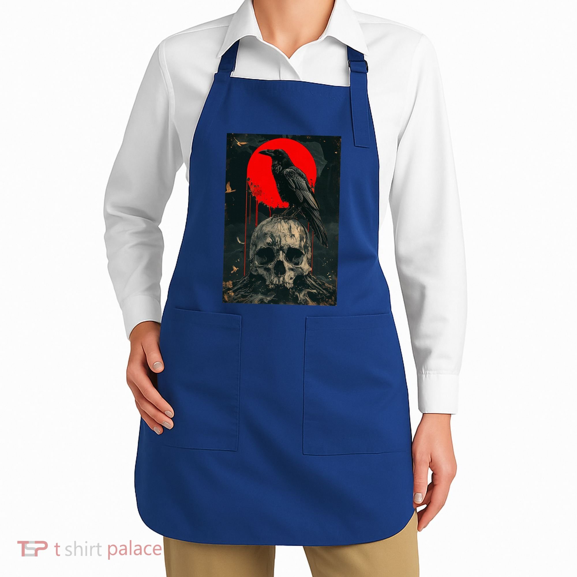 Red Moon Black Gothic Raven Skull Graphic Black Crow Apron