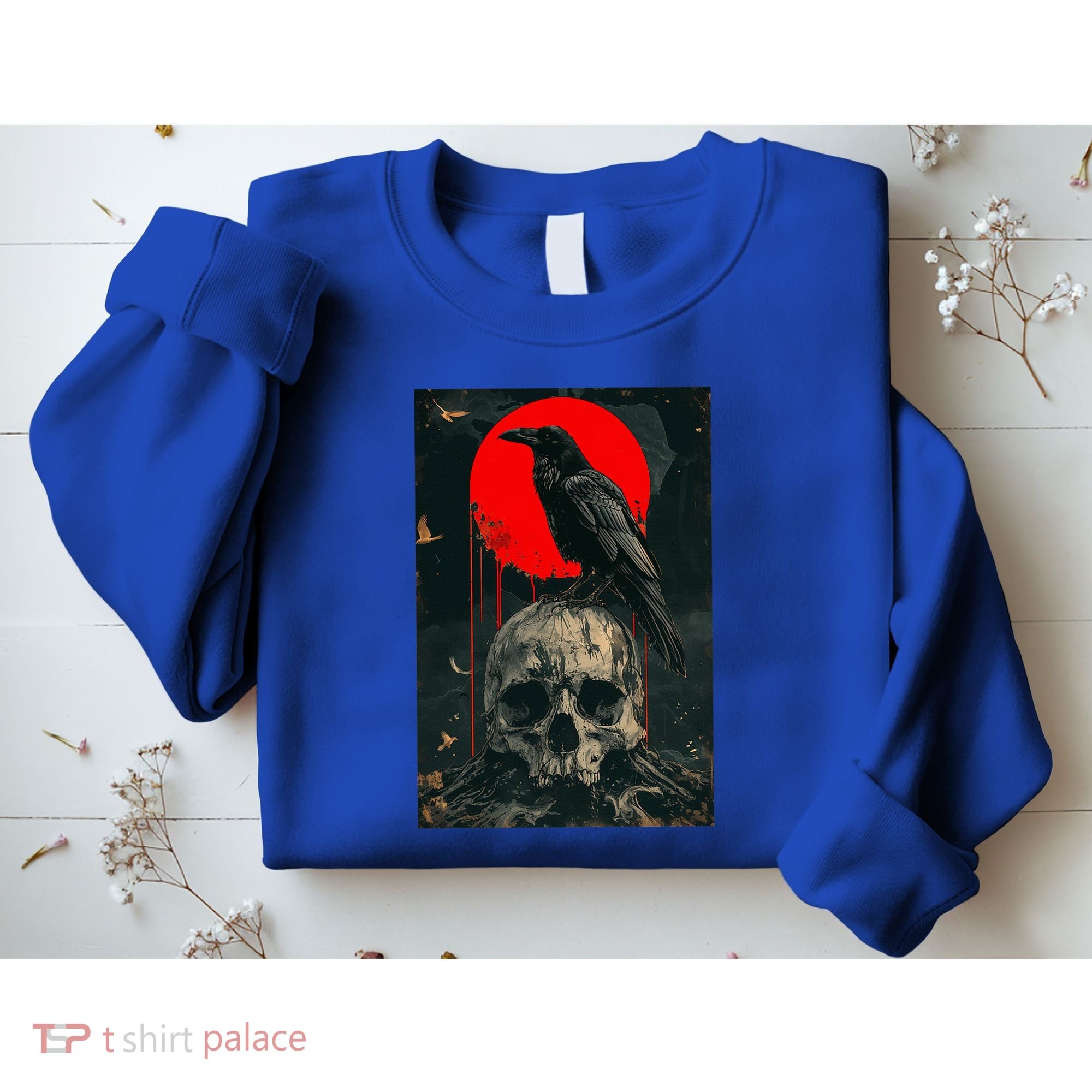 Red Moon Black Gothic Raven Skull Graphic Black Crow Sweatshirt