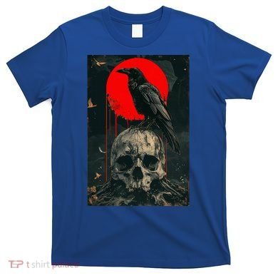 Red Moon Black Gothic Raven Skull Graphic Black Crow T-Shirt
